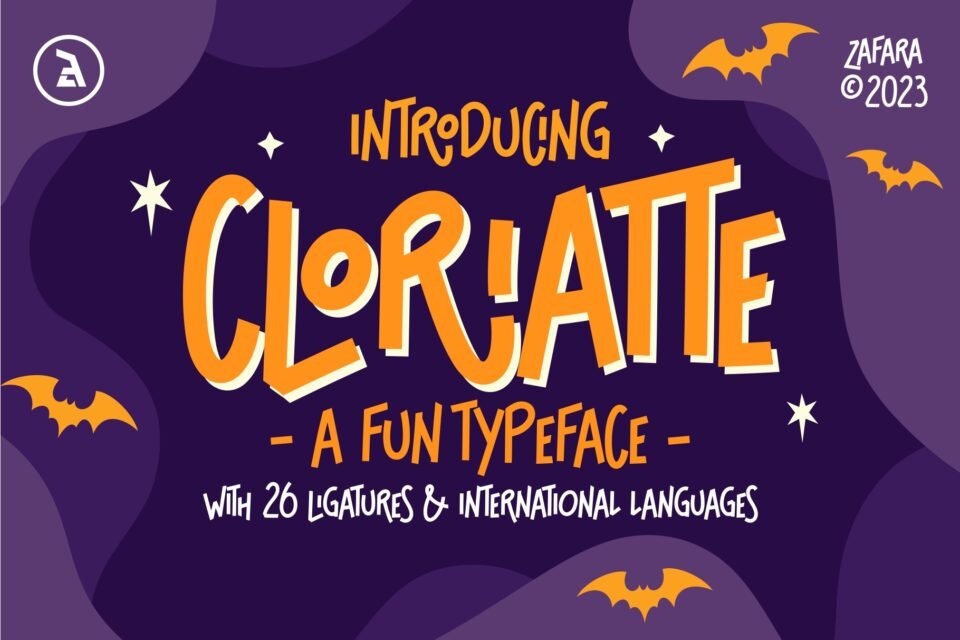 Cloriatte font main banner with bats and stars, showcasing a fun, spooky typeface for Halloween.