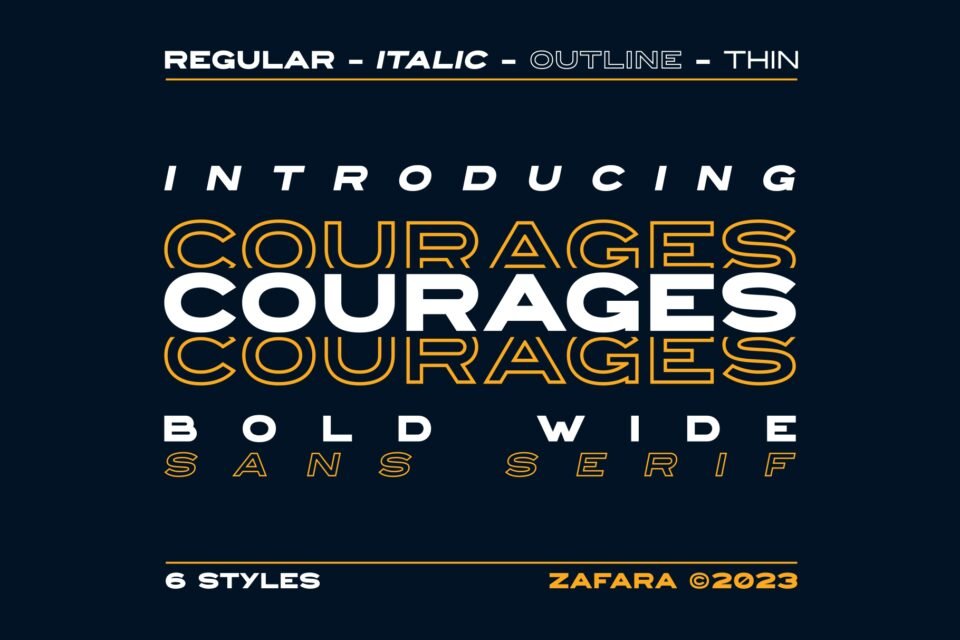 Courages font family preview showing six styles: Regular, Italic, Outline, Thin, Bold, and Wide Sans Serif.