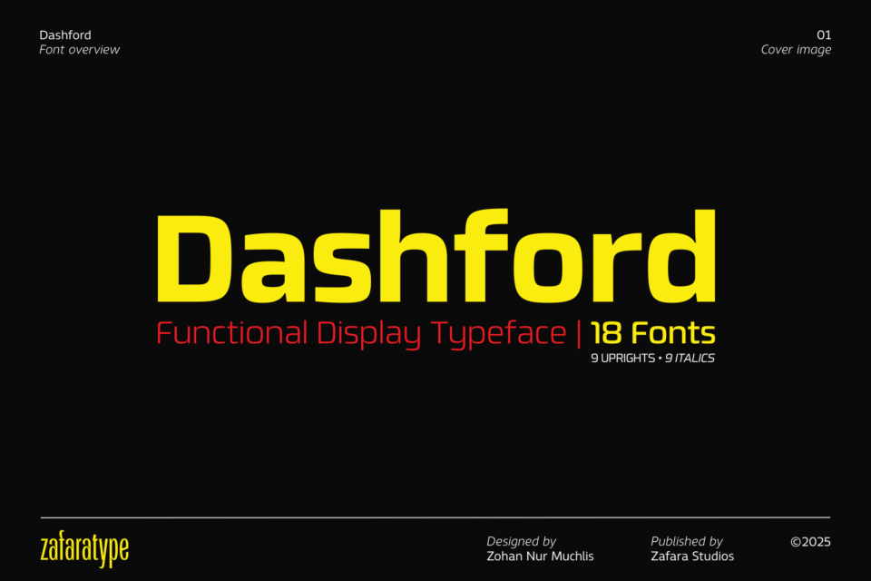 Dashford font cover image showing the brand name in a bold, yellow sans-serif typeface with "Functional Display Typeface" and "18 Fonts" below.