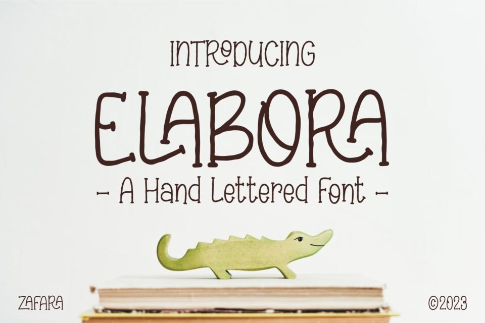 A hand-lettered font named Elabora with a playful, creative style shown in a full-page cover image.