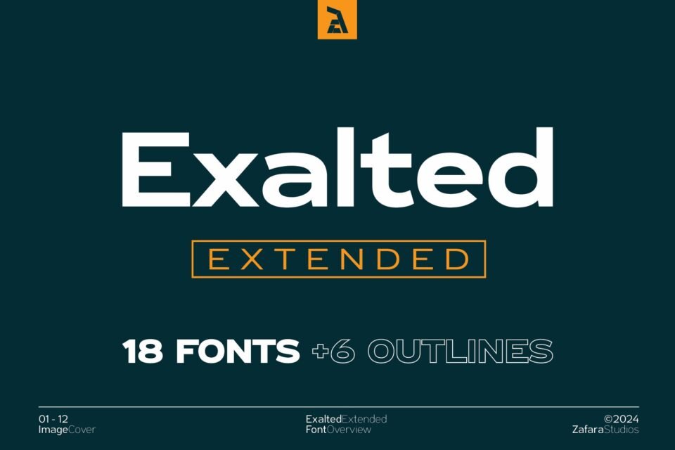 The main cover for the Exalted Extended font, showing the name "Exalted Extended" in white on a dark blue-green background, highlighting its 18 fonts and 6 outlines.