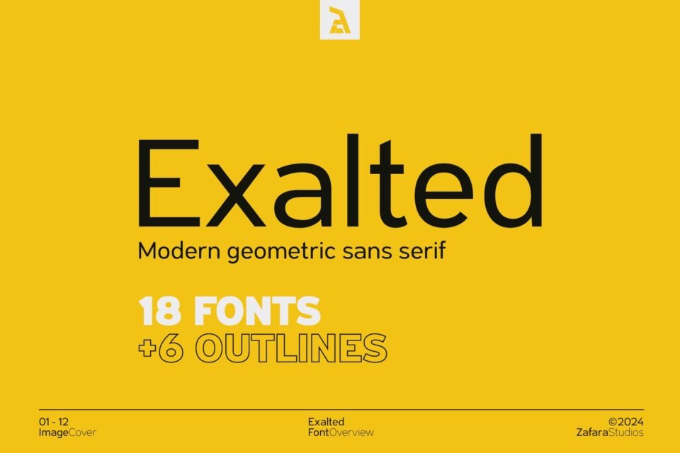 A full-screen yellow background with the word "Exalted" in a black, modern geometric sans serif font. Below, it reads "18 FONTS +6 OUTLINES."