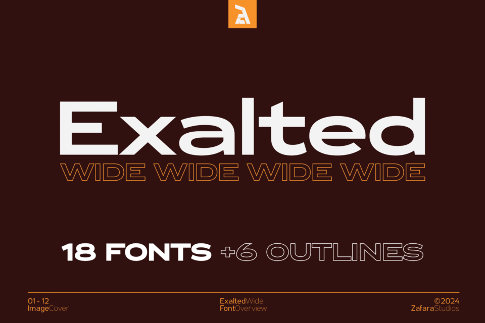 The cover image for the Exalted Wide font family, showing the font name and stating that it includes 18 fonts and 6 outlines on a dark brown background.