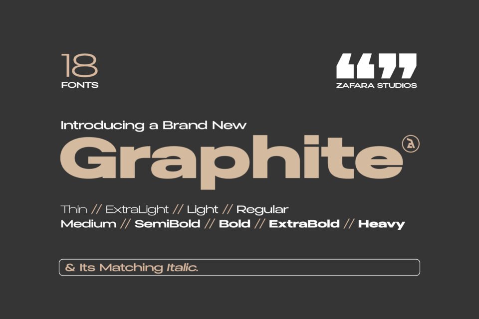 A full view of the Graphite font family, showing its 18 available fonts, including Thin, Light, Regular, and Heavy weights with matching italics.