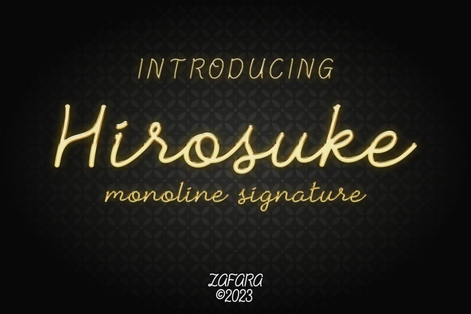 Hirosuke monoline signature font with a glowing gold effect, perfect for branding, quotes, and stylish designs.