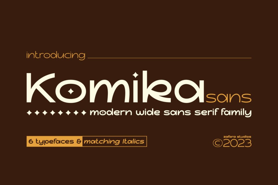 Komika Sans font family introduction, showing the full name and "modern wide sans serif family."