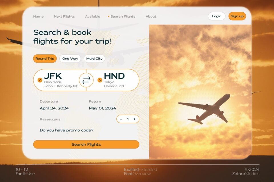 A modern flight booking website UI mockup using the Exalted Extended font for headings, buttons, and text fields.