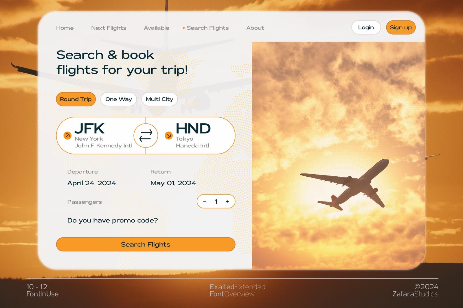 A modern flight booking website UI mockup using the Exalted Extended font for headings, buttons, and text fields.