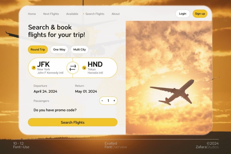 A modern flight booking website UI mockup using the Exalted font for all text fields, headings, and buttons, showcasing its use in digital design.