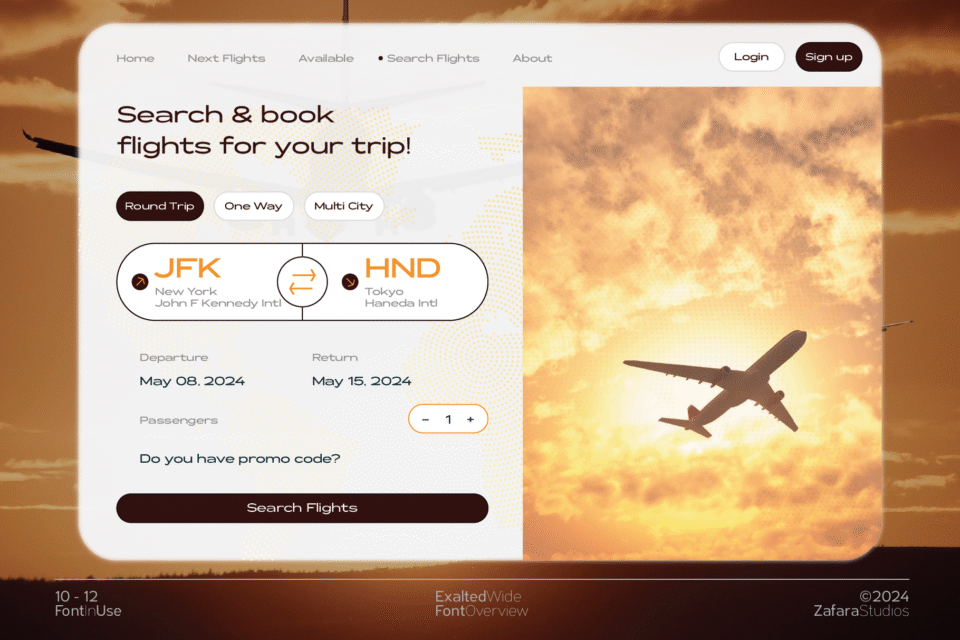 A modern flight booking website UI mockup using the Exalted Wide font for all text fields, headings, and buttons, showcasing its use in digital design.