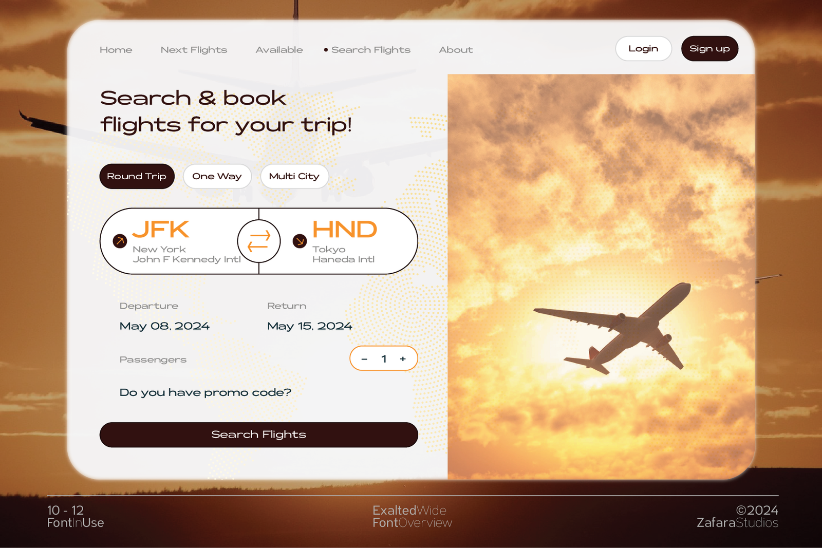 A modern flight booking website UI mockup using the Exalted Wide font for all text fields, headings, and buttons, showcasing its use in digital design.