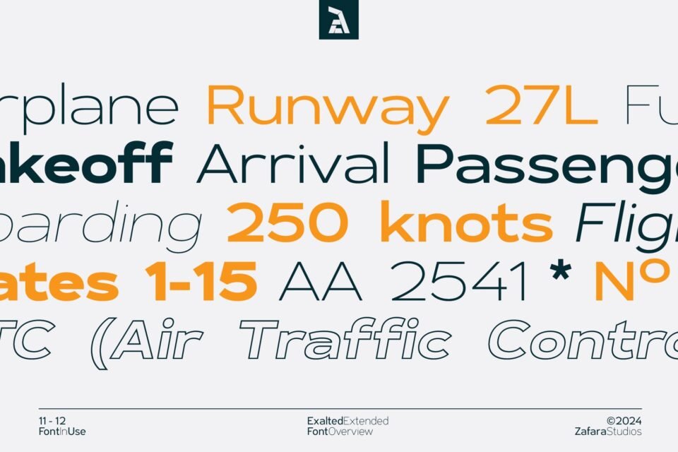 A display of aviation-related words like "Takeoff," "Passenger," and "Gates 1-15" using various weights of the Exalted Extended font.