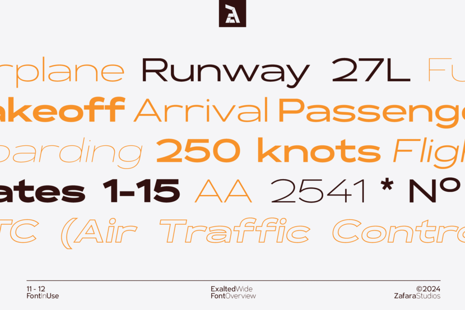 A list of aviation-related words like "Takeoff," "Passenger," and "Gates 1-15" shown in various weights and styles of the Exalted Wide font.