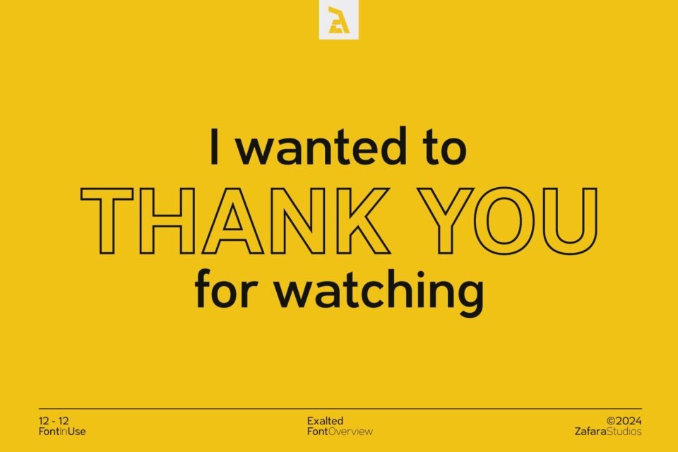A final thank you slide for the font overview, with the words "THANK YOU" in a bold, outlined version of the Exalted font.
