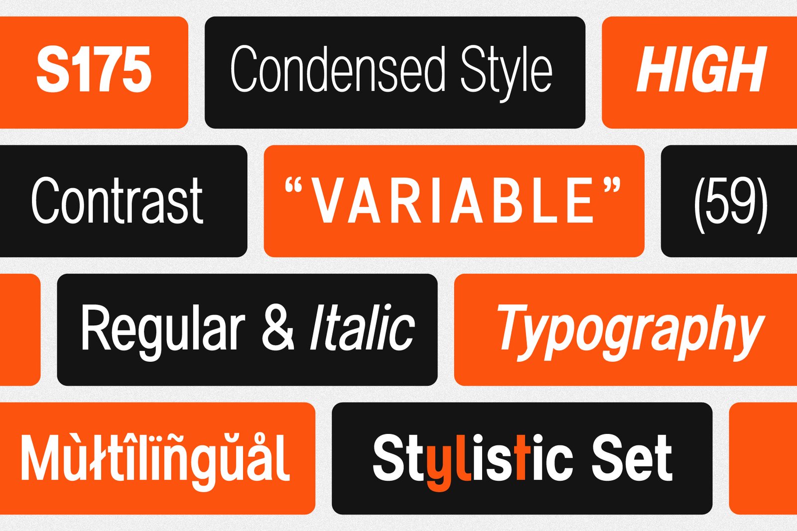 A collage of orange and black blocks with key features of the Aksioma font family, including "Condensed Style," "High Contrast," "Multilingual," and "Regular & Italic."
