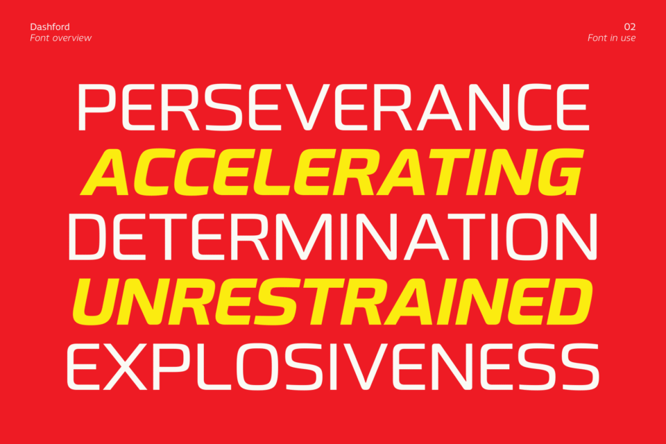 A red background with five large, bold words in white and yellow: PERSEVERANCE, ACCELERATING, DETERMINATION, UNRESTRAINED, and EXPLOSIVENESS, using the Dashford font.