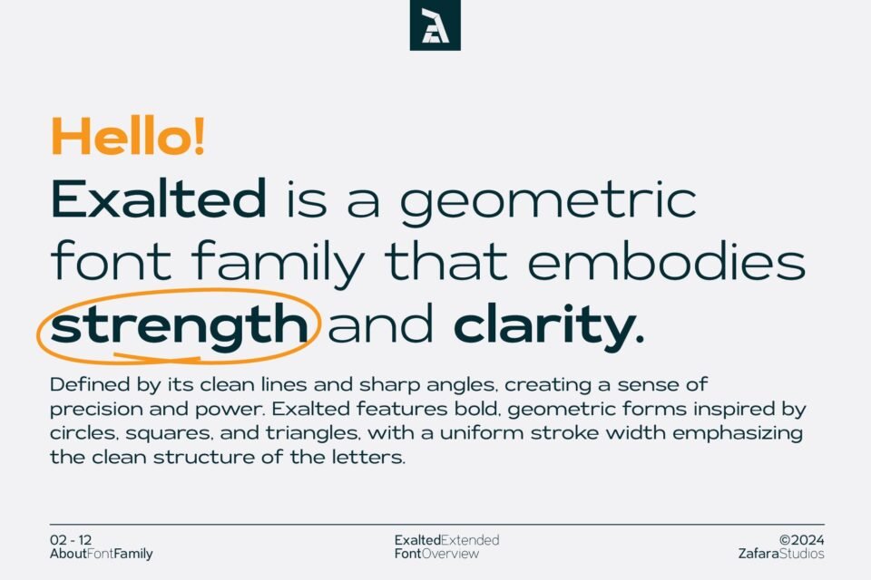 A slide explaining that Exalted Extended is a geometric font family embodying "strength and clarity," with the word "strength" circled.