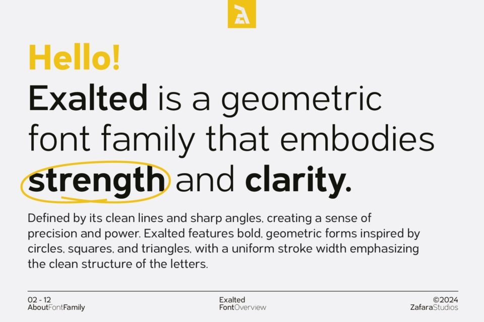 A close-up of the Exalted font with the words "strength and clarity" highlighted, emphasizing the font's core design principles.
