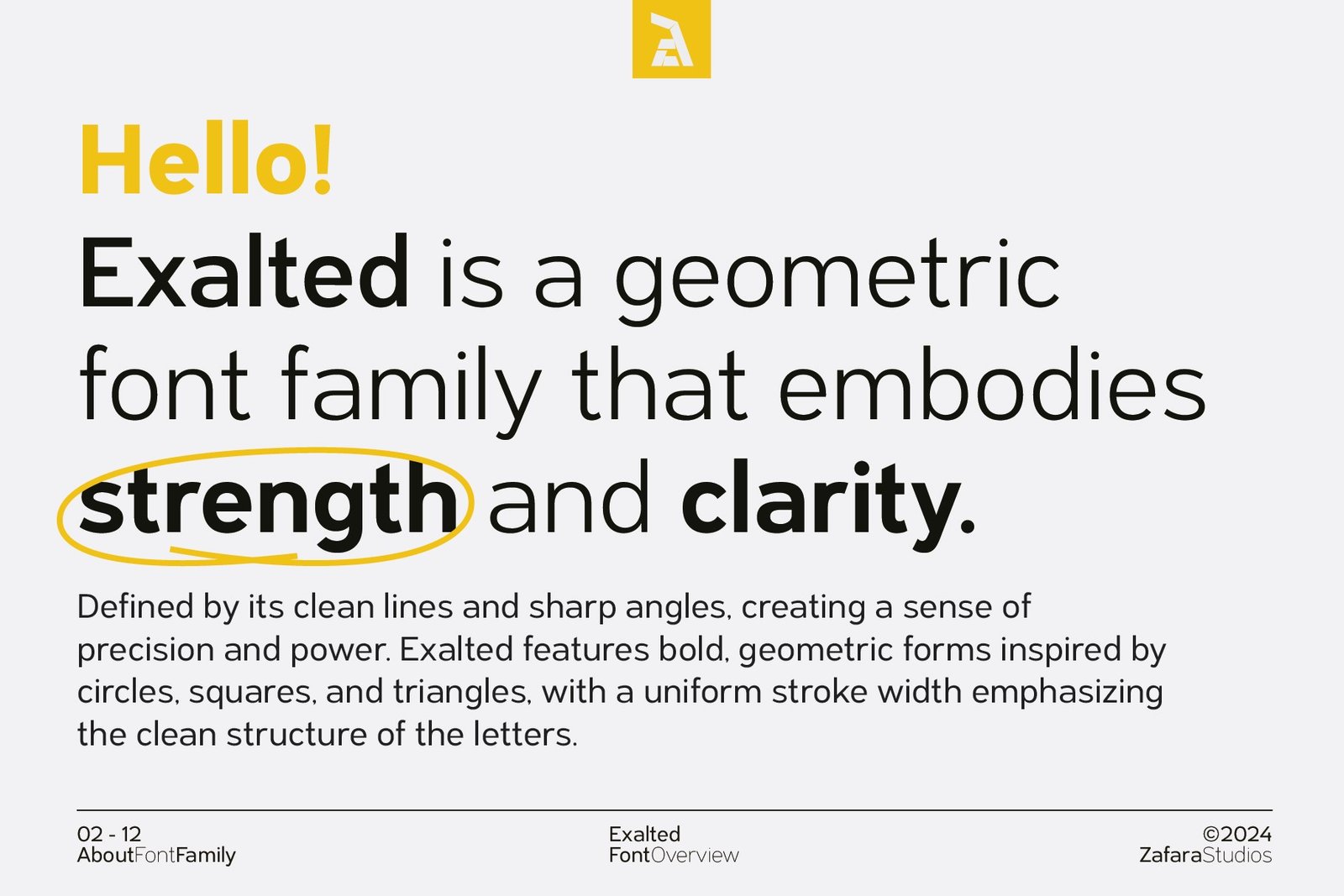 A close-up of the Exalted font with the words "strength and clarity" highlighted, emphasizing the font's core design principles.