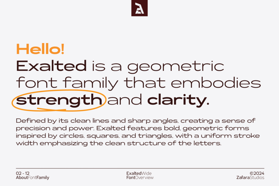 A slide explaining that Exalted Wide is a geometric font that embodies "strength and clarity," with a description of its clean lines and wide forms.