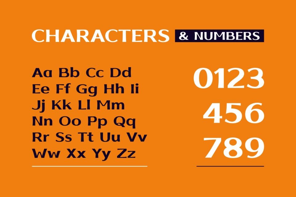 An orange banner showing the full alphabet (uppercase and lowercase) and numbers 0-9 in the Kripto font. The headings "CHARACTERS & NUMBERS" are visible.