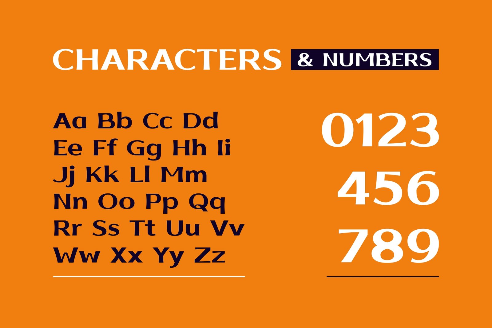 An orange banner showing the full alphabet (uppercase and lowercase) and numbers 0-9 in the Kripto font. The headings "CHARACTERS & NUMBERS" are visible.