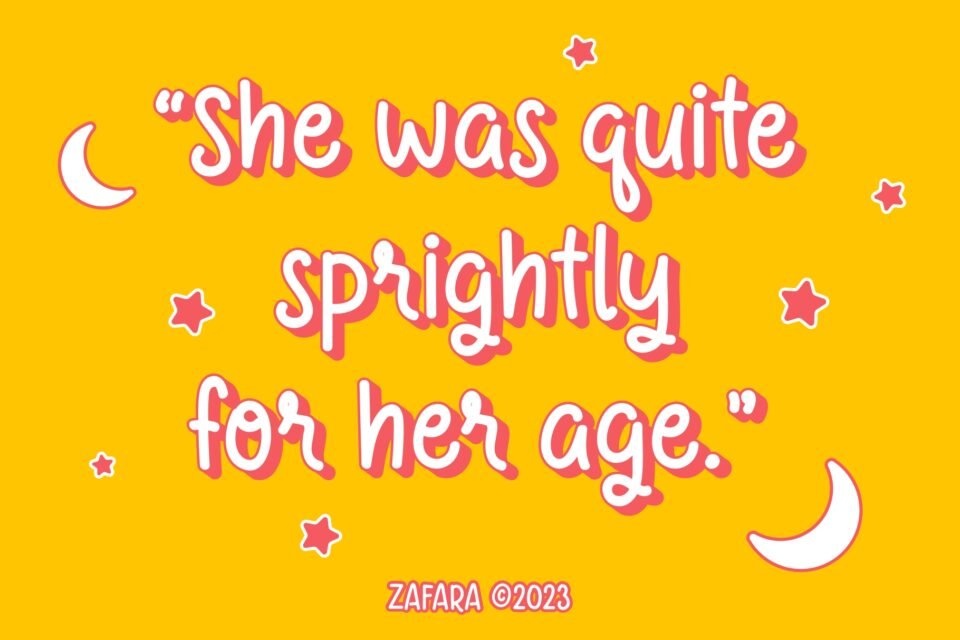 An example of the Sprightly font used in a quote, featuring a bubbly style on a bright yellow background with stars and moons.