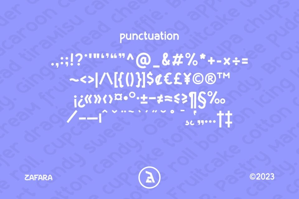 A complete list of punctuation, symbols, and special characters included with the Candleon font.