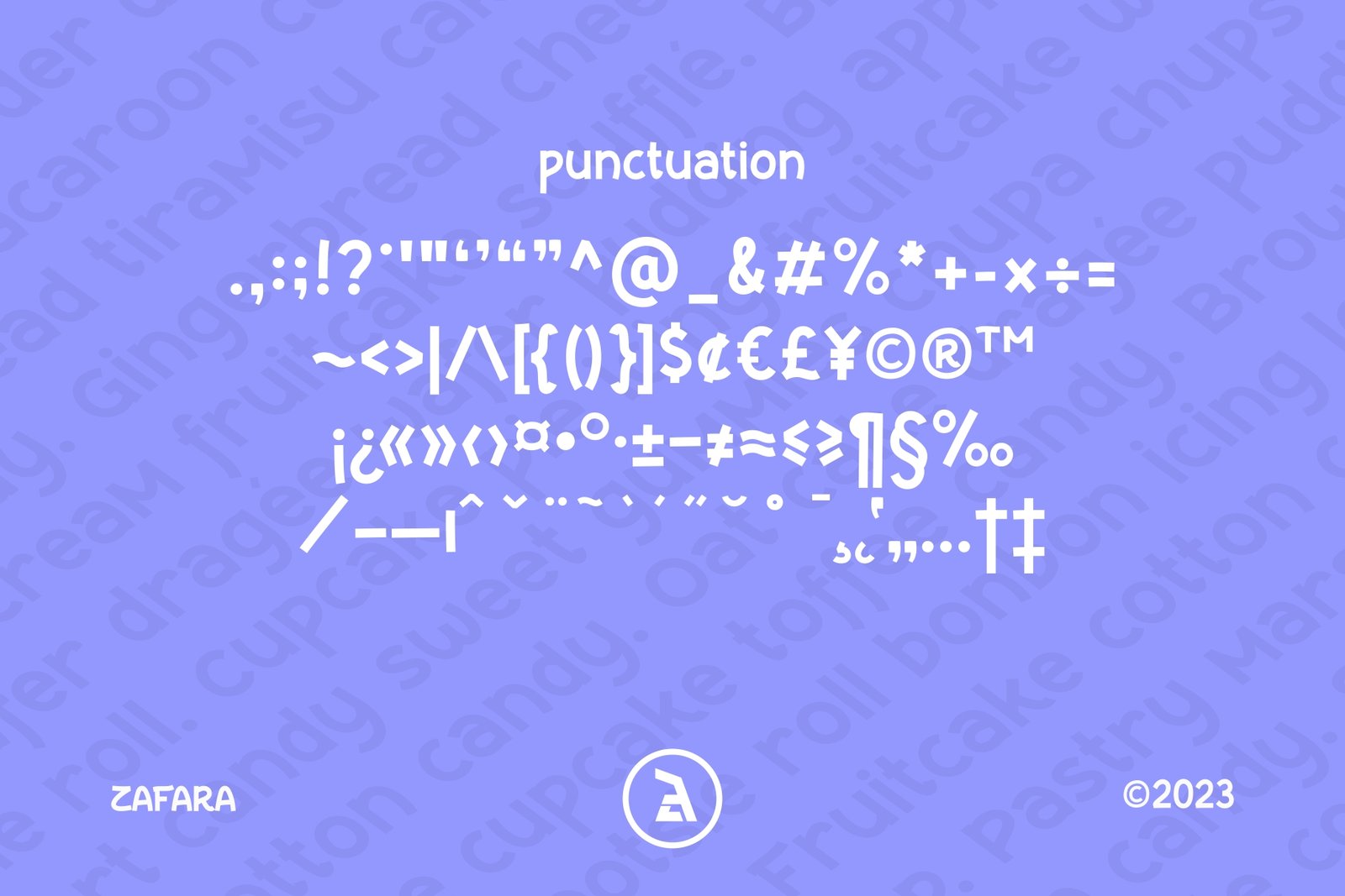 A complete list of punctuation, symbols, and special characters included with the Candleon font.