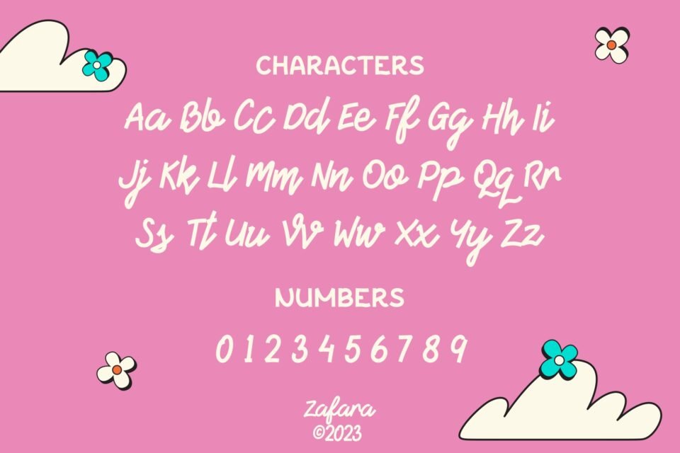 All uppercase and lowercase characters of the Birdmello font, along with numbers 0-9, displayed on a pink background.