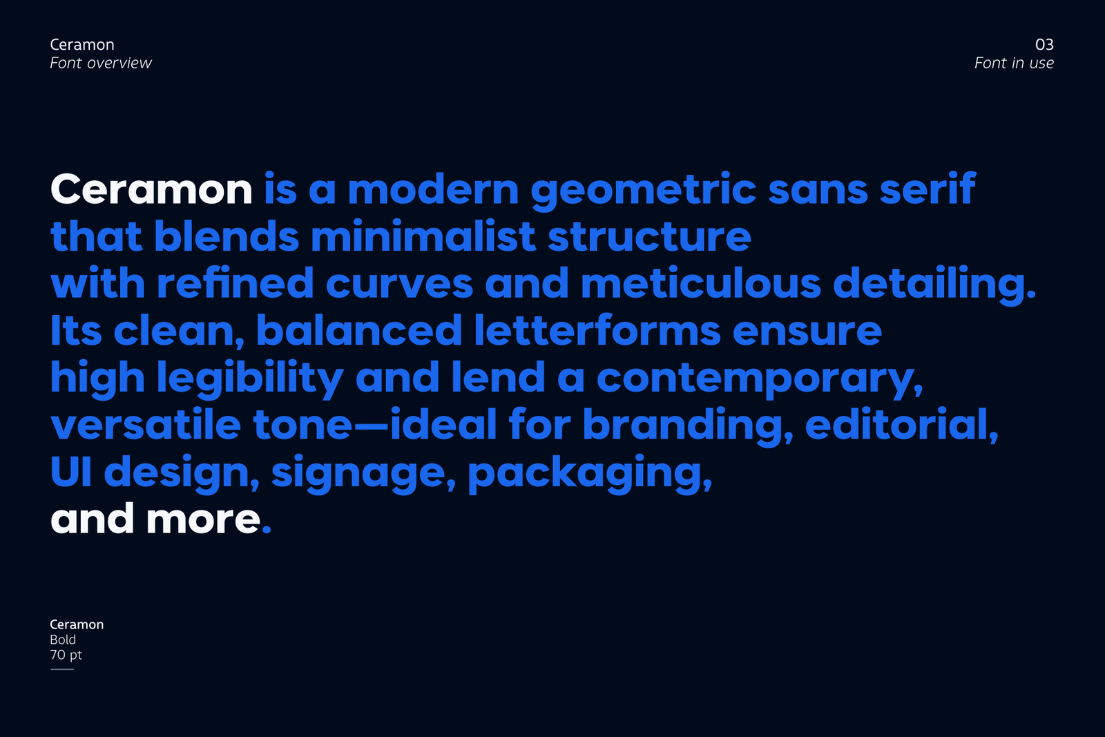 A description of the Ceramon font highlighting its uses for branding, UI design, and packaging.