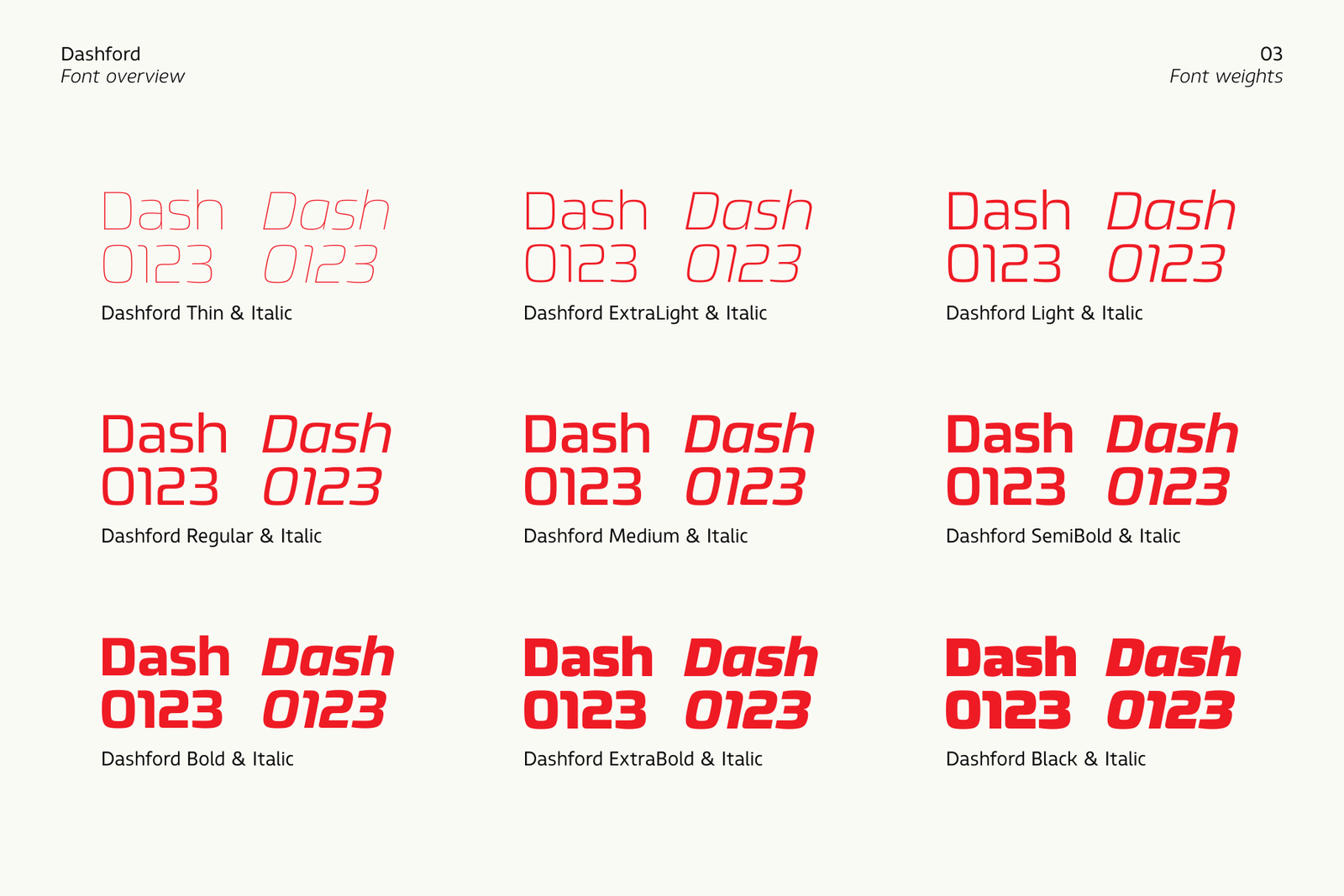 An overview of the Dashford font's nine weights, from Thin to Black, shown with their corresponding italics. Each weight displays the text "Dash Dash 0123."