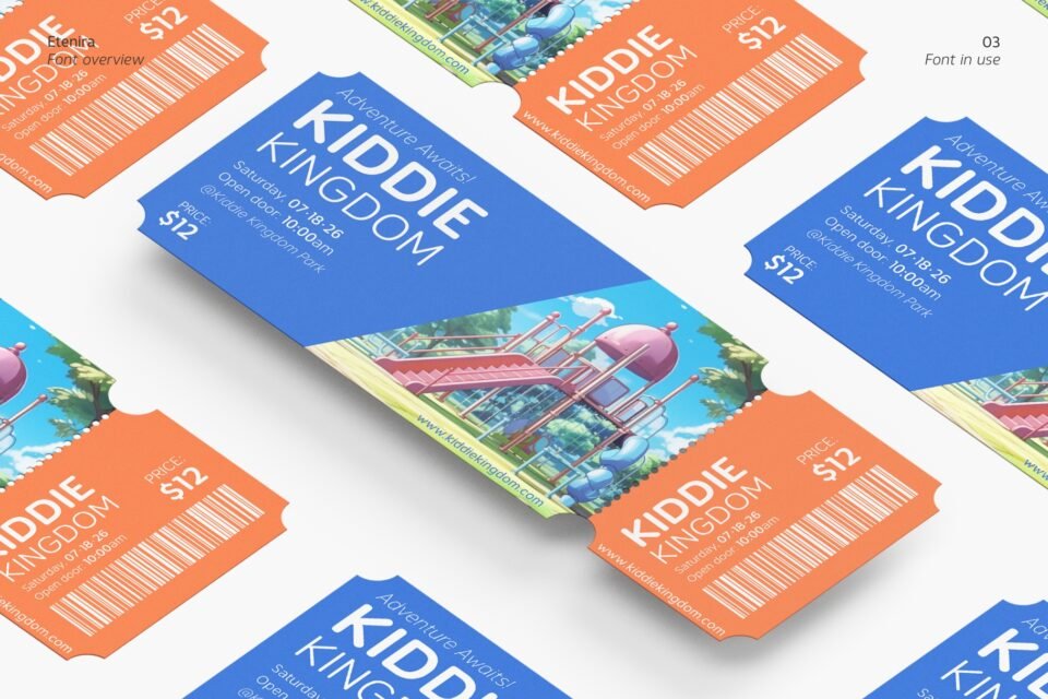 A vibrant ticket for Kiddie Kingdom featuring the Etenira font, showcasing its use in a playful design.