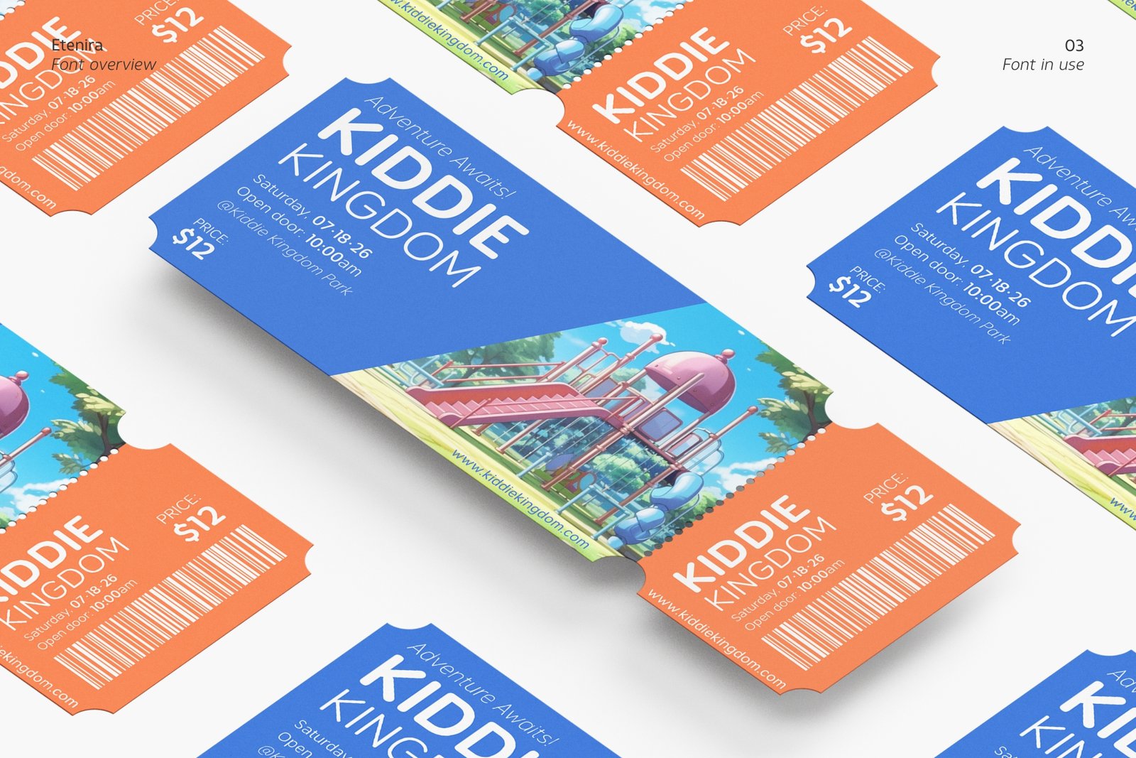 A vibrant ticket for Kiddie Kingdom featuring the Etenira font, showcasing its use in a playful design.