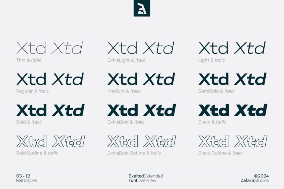A visual grid displaying all 18 font styles of the Exalted Extended typeface, including various weights from Thin to Black, with their corresponding italic and outline versions.