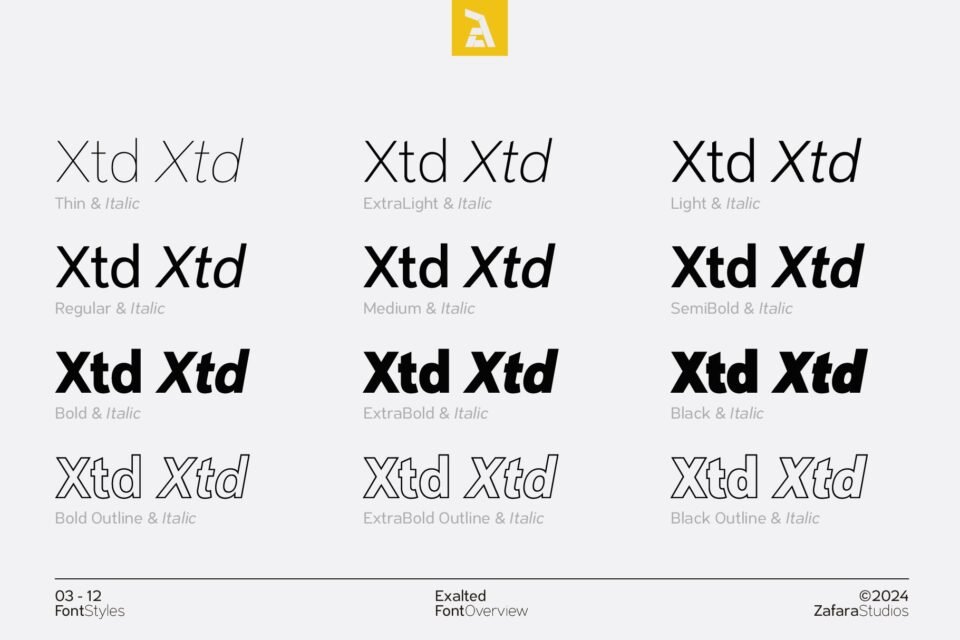 A complete overview of the Exalted font family's 18 styles, including various weights from Thin to Black, and their italic and outline versions.