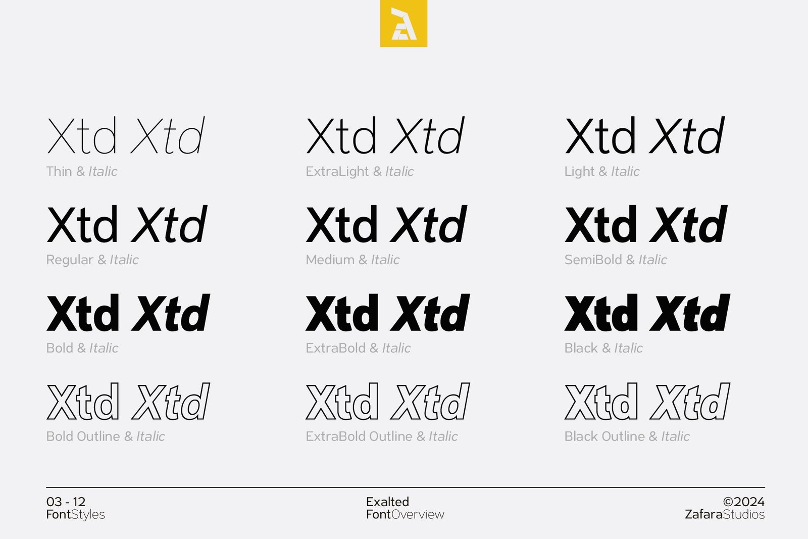A complete overview of the Exalted font family's 18 styles, including various weights from Thin to Black, and their italic and outline versions.