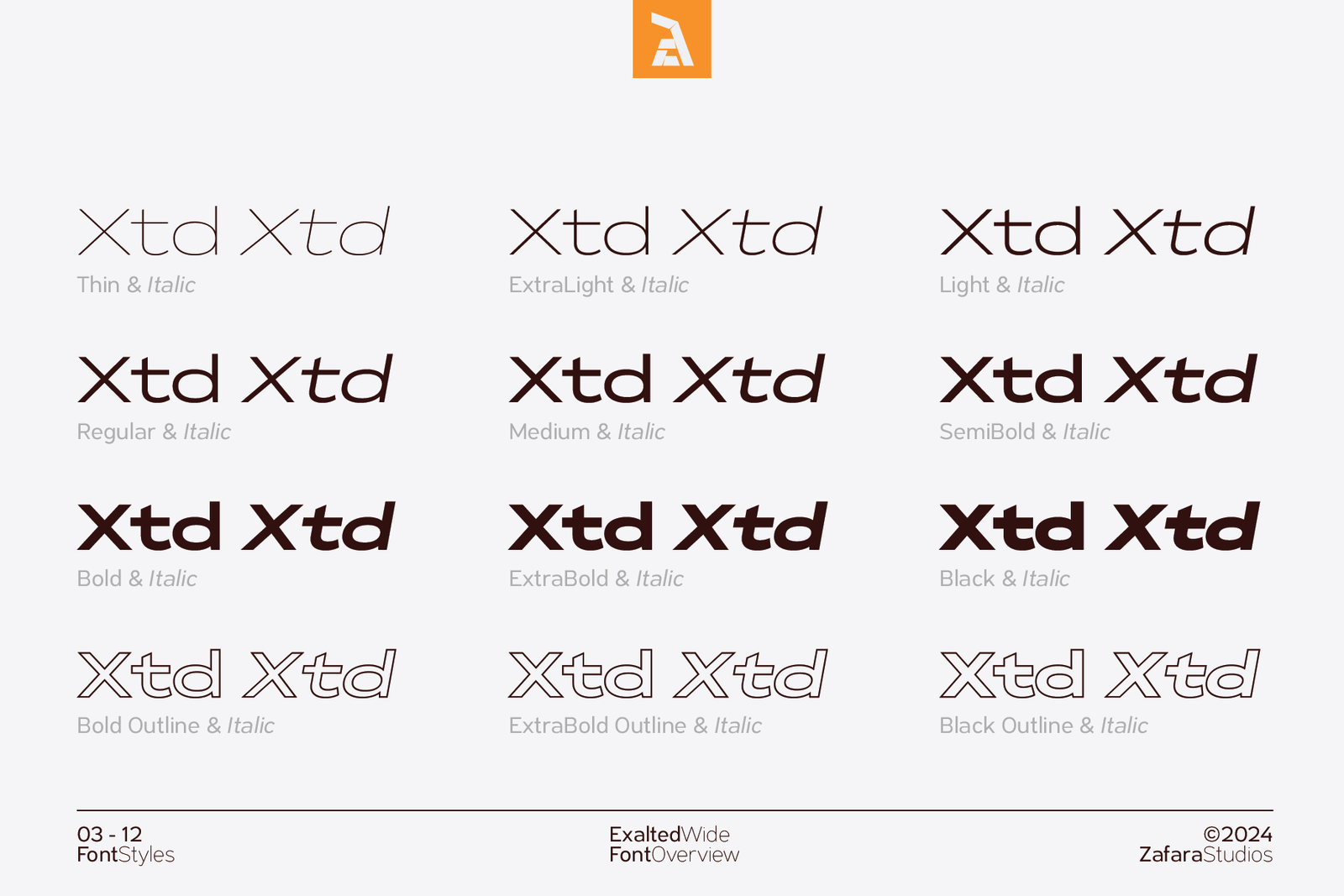 A complete visual overview of the Exalted Wide font family's 18 styles, including various weights from Thin to Black and their italic and outline versions.