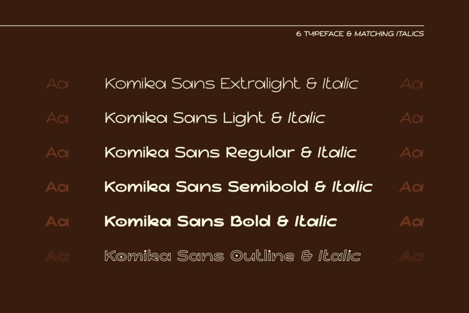 Komika Sans font family showing all six weights: Extralight, Light, Regular, Semibold, Bold, and Outline, each with matching italics.