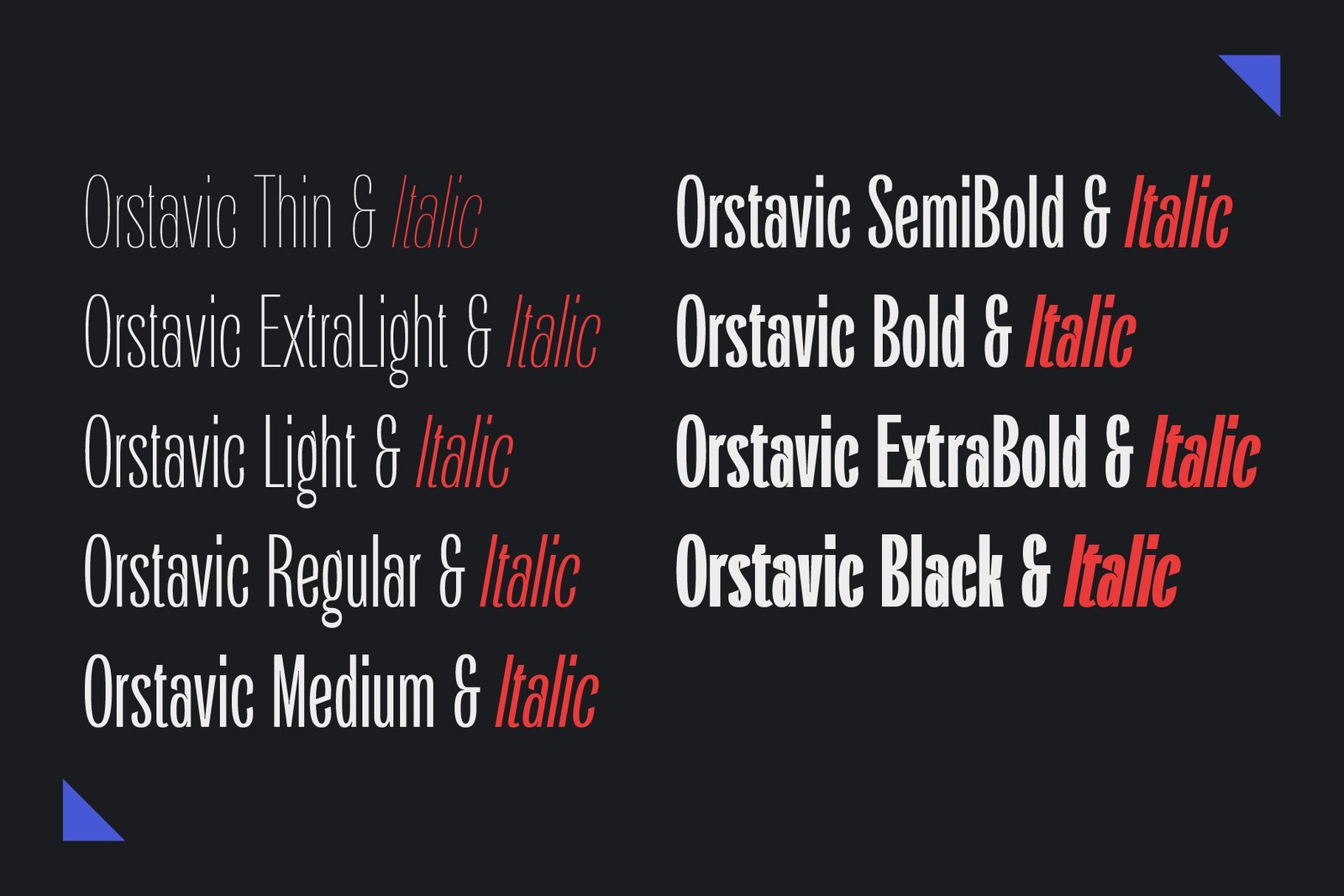 A list of the various weights and styles of the Orstavic font, showing "Thin," "ExtraLight," "Light," "Regular," "Medium," "SemiBold," "Bold," "ExtraBold," and "Black," each with a matching italic version.