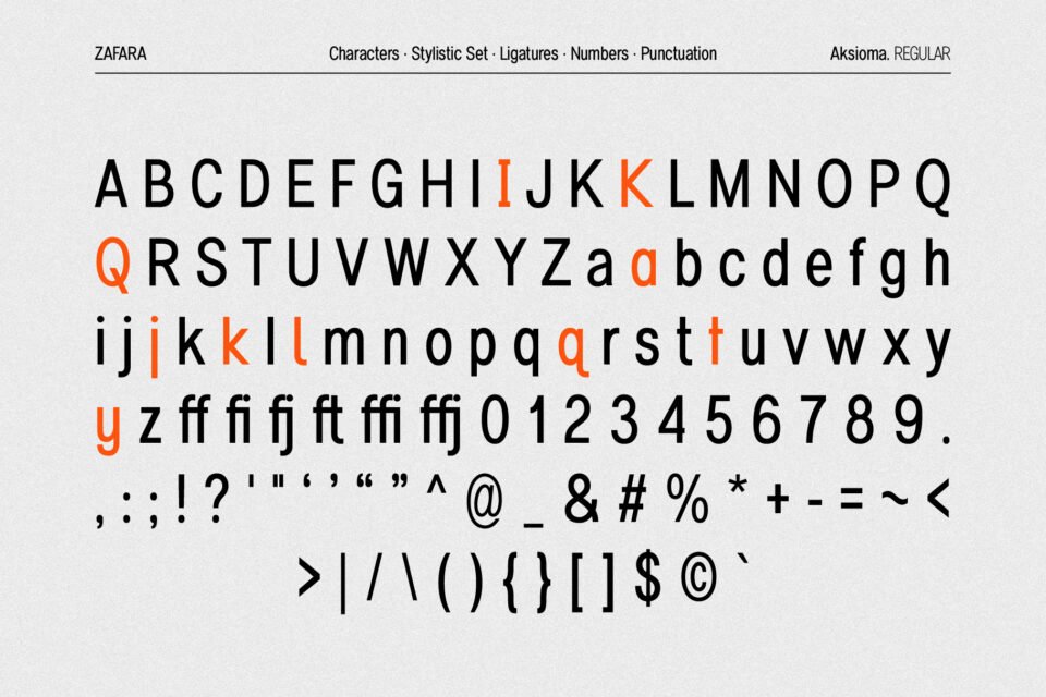 A full character set display for the Aksioma font, including uppercase and lowercase letters, numbers, punctuation, and ligatures.