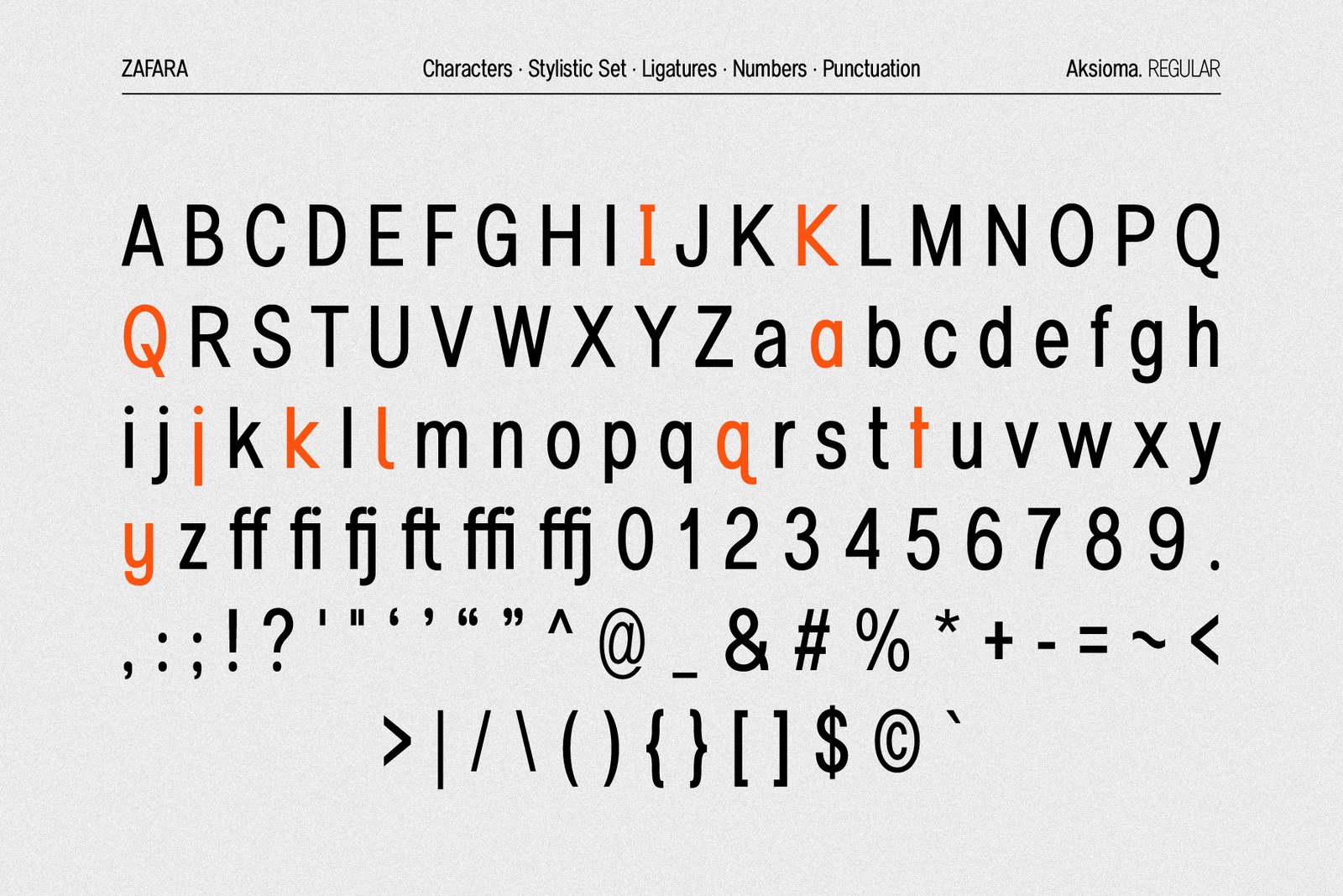 A full character set display for the Aksioma font, including uppercase and lowercase letters, numbers, punctuation, and ligatures.