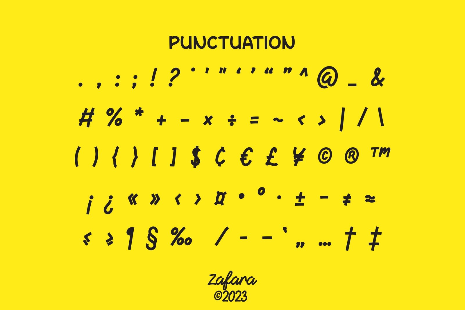 A comprehensive collection of punctuation, symbols, and special characters available with the Birdmello font, shown on a bright yellow background.