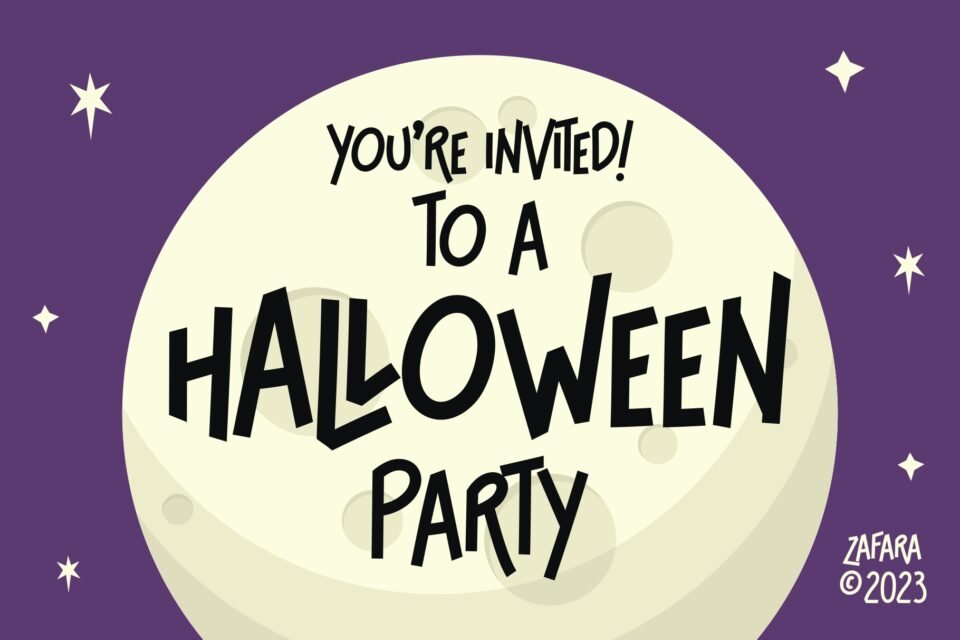 A Halloween party invitation mock-up using the Cloriatte font, with a large moon in the background.