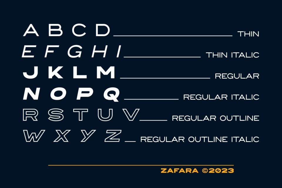 Alphabet characters A-Z demonstrating the different styles of the Courages font: Thin, Thin Italic, Regular, Regular Italic, Regular Outline, and Regular Outline Italic.