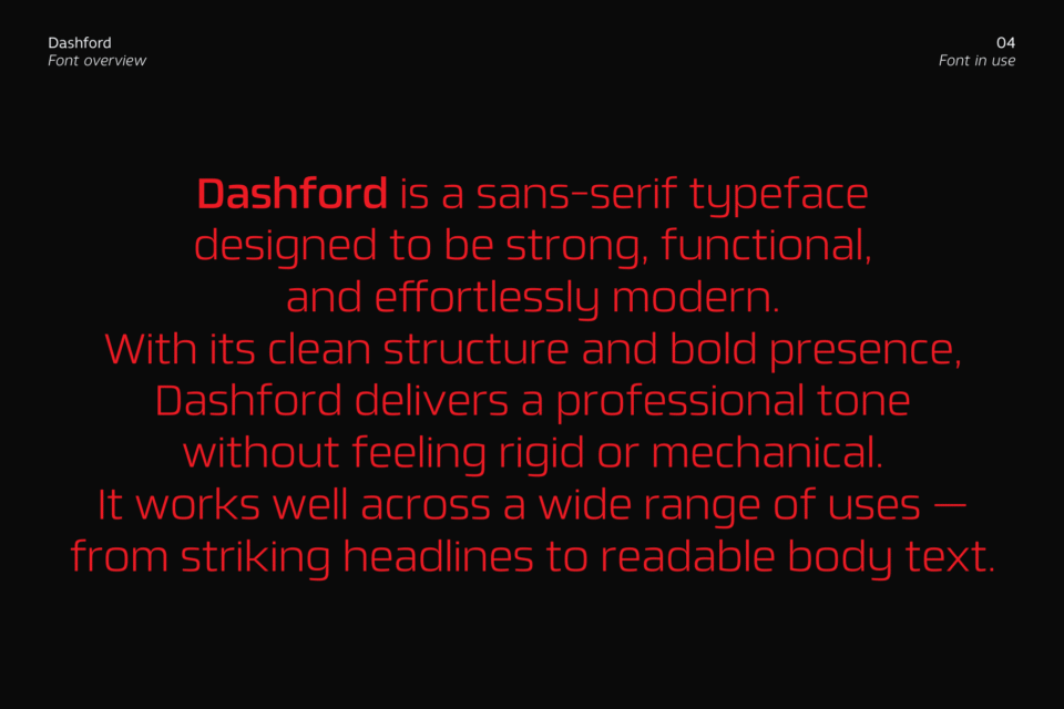 A paragraph of red text on a dark gray background, explaining that the Dashford font is a sans-serif typeface that works well for both headlines and readable body text.