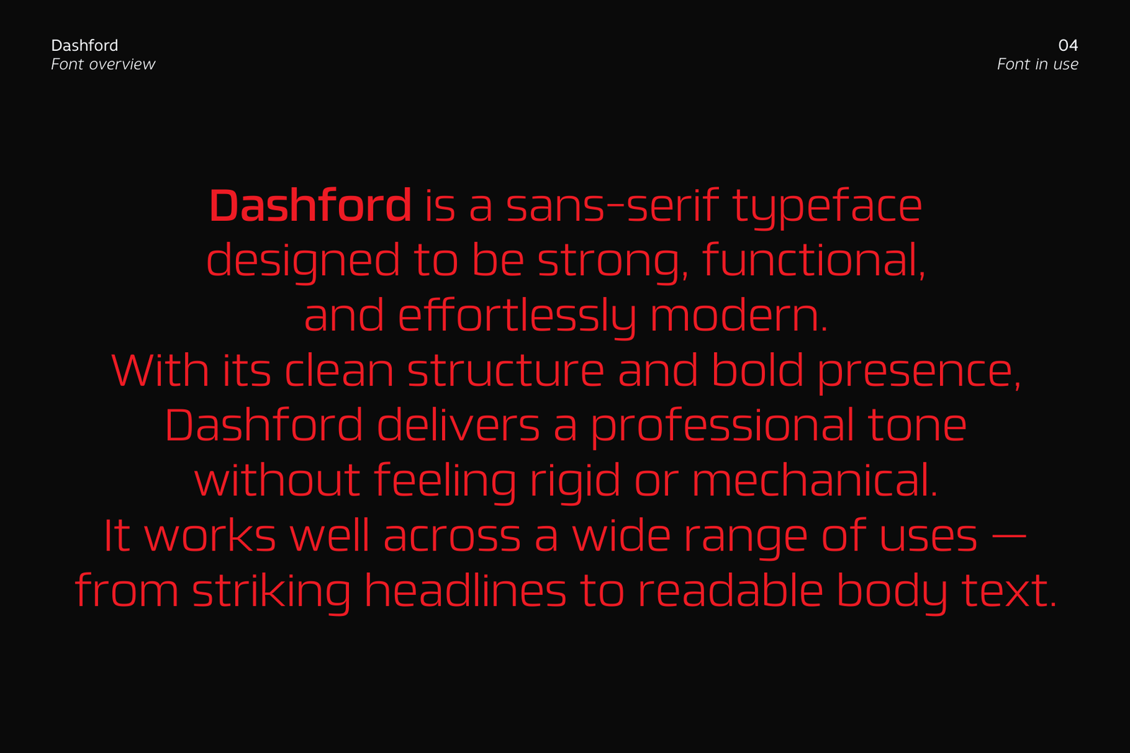 A paragraph of red text on a dark gray background, explaining that the Dashford font is a sans-serif typeface that works well for both headlines and readable body text.