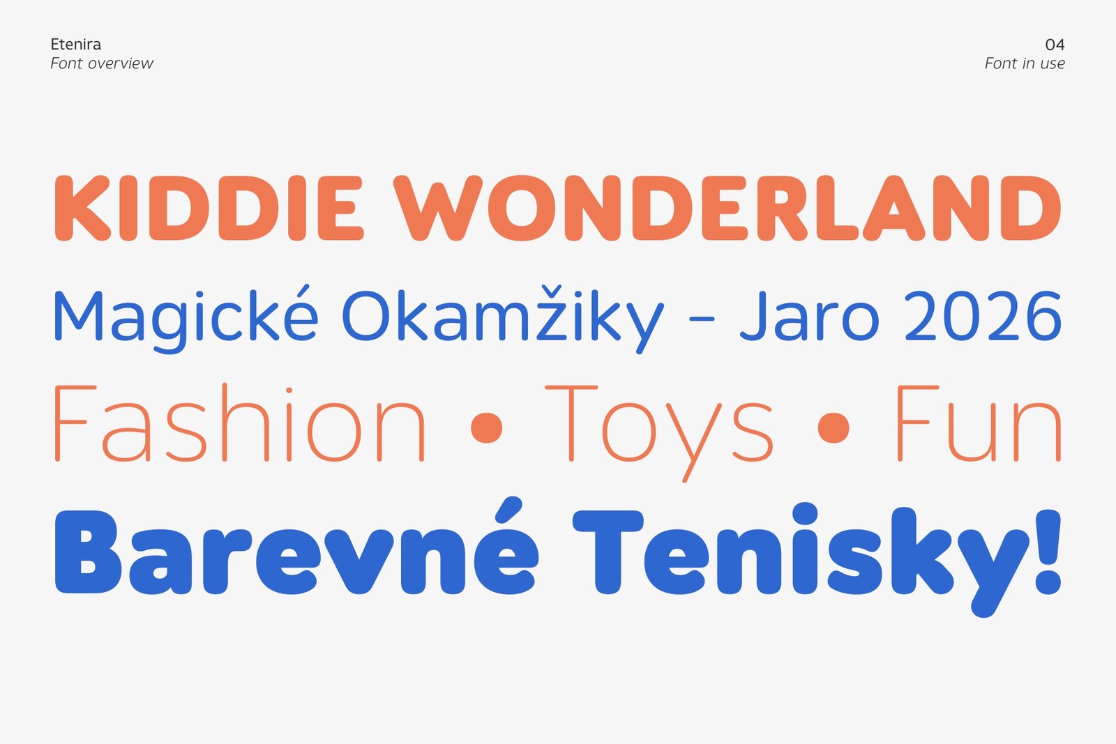 A colorful poster for Kiddie Wonderland using Etenira font in various weights and colors.