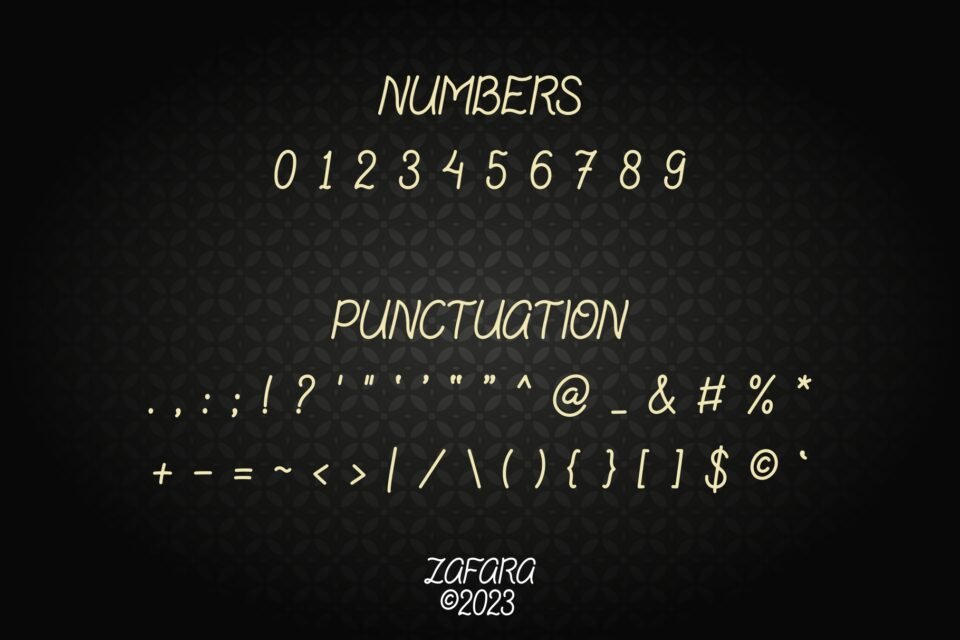 Example of numbers and punctuation characters available in the Hirosuke monoline signature font.