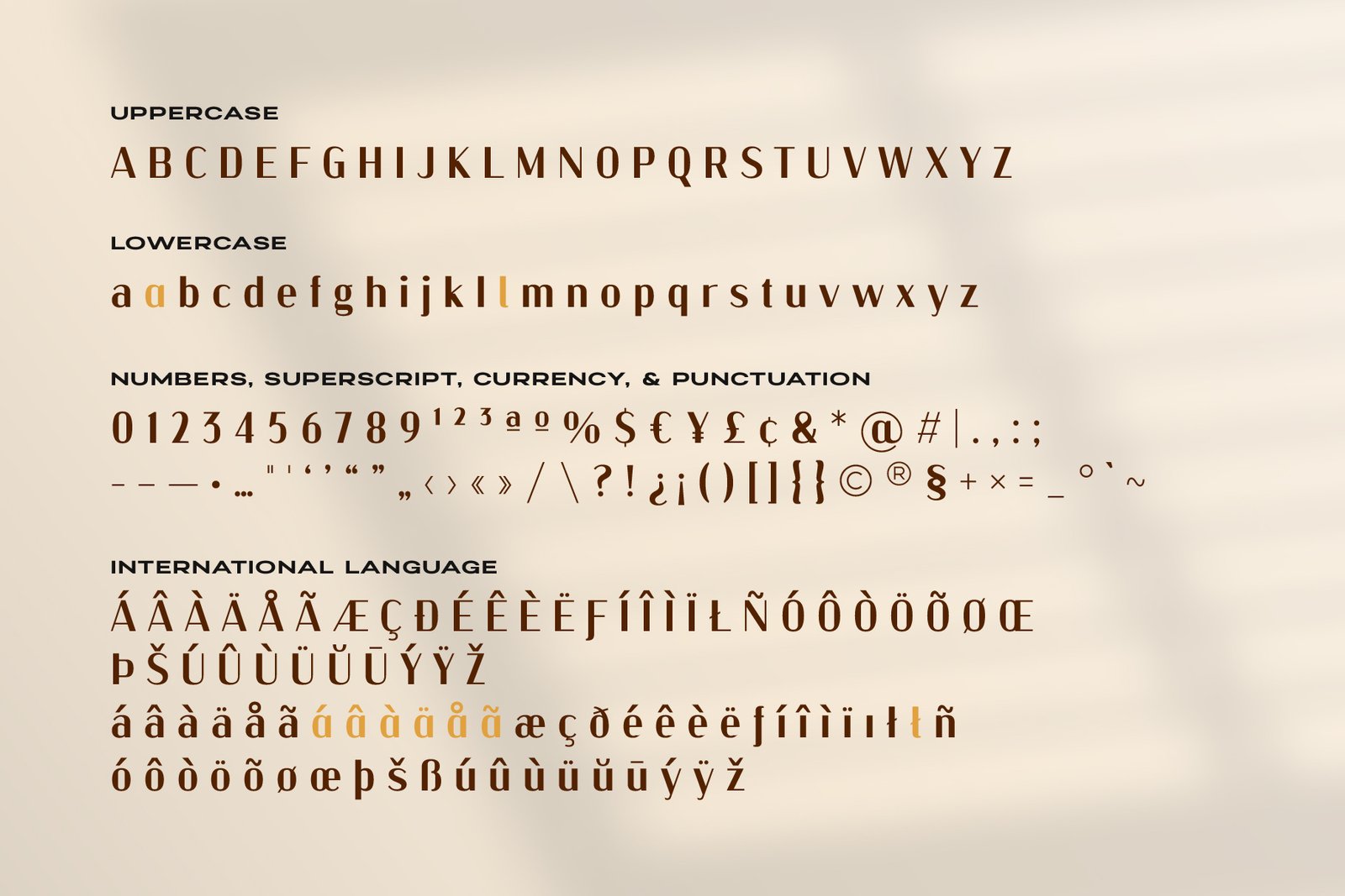 All available characters for Kinsley Sans, including uppercase, lowercase, numbers, punctuation, currency symbols, and international language glyphs.